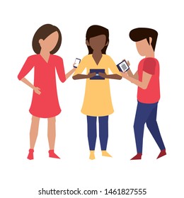 friends using smartphone technology for read chat messages.  Graphic design vector illustration.