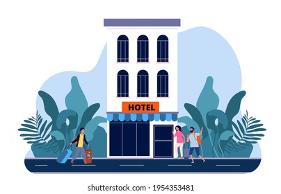 Friends vacation. Men woman with suitcases near hotel door. Holiday relax, travellers vector illustration