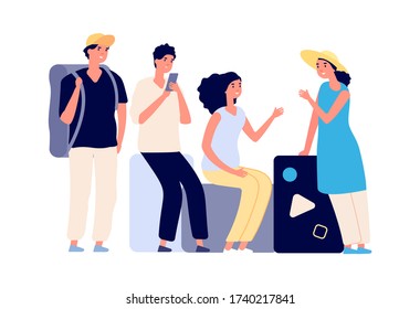 Friends vacations. People with luggage, flat tourists talking. Friendship travellers, boys and girls wait transport on bags vector illustration