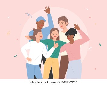 Friends of various races gather and do fun and exciting activities. flat design style vector illustration.