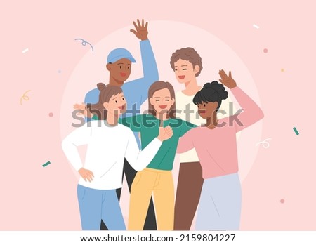 Friends of various races gather and do fun and exciting activities. flat design style vector illustration.
