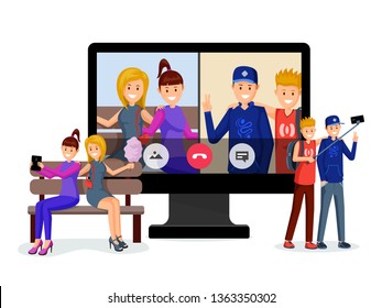 Friends video conversation vector illustration. Girls sitting on bench with tablet and cheerful guys cartoon characters. Bloggers, teenagers online communication, video conference flat design