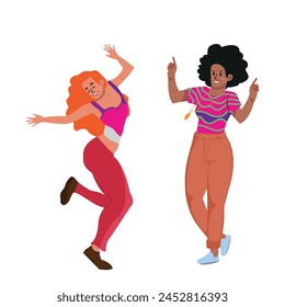 friends in vintage clothes dancing at themed party, vector illustration