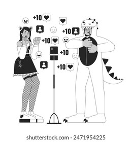Friends viral dance on social media black and white 2D illustration concept. Smartphone shooting gen z cartoon outline characters isolated on white. Trendy dancing metaphor monochrome vector art