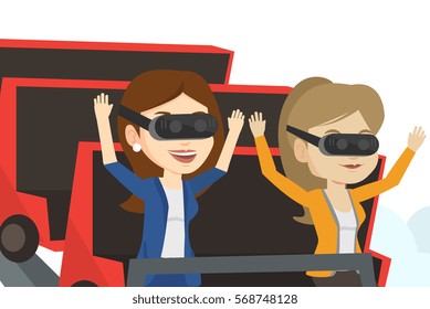 Friends in virtual reality headset riding on roller coaster. Young women in virtual reality glasses having fun in virtual amusement park. Vector flat design illustration isolated on white background.