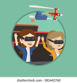 Friends in virtual reality headset riding on roller coaster. Women in virtual reality glasses having fun in virtual amusement park. Vector flat design illustration in the circle isolated on background