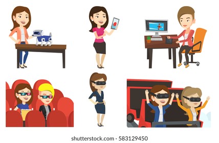 Friends in virtual reality headset riding on roller coaster. Women in virtual reality glasses having fun in virtual amusement park. Set of vector flat design illustrations isolated on white background