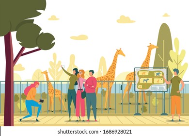 Friends Visiting Zoo Flat Vector Illustration. People Taking Selfie in Park. Photo with Giraffe. Men and Woman Cartoon Characters in Wild African Animals Zoo. Educational Recreation