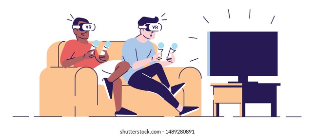 Friends in VR headsets flat vector illustration. Male gamers in virtual reality glasses on sofa with joysticks, sitting on sofa isolated cartoon characters with outline elements on white background
