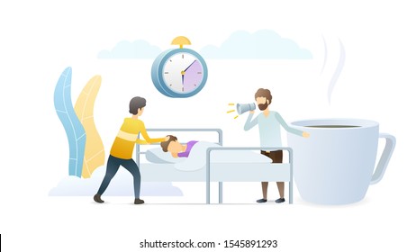 Friends waking up man flat vector illustration. Sleepy guy and people trying to get him up cartoon characters. Morning awakening, deep sleep, exhaustion concept. Sleepiness, somnolence metaphor.