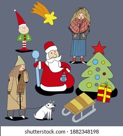 Friends walk the dog on Christmas day with Santa, Christmas tree, gifts, elves