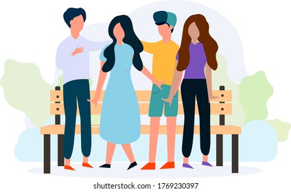 Friends walk in the Park. Friends ' day holiday. Different races. Background with leaves Vector illustration in flat style .