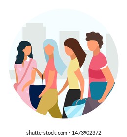 Friends walking flat concept icon. Shopping together sticker. Best friends spending time, weekend activities. Guy and girls talking. Friendship. Isolated cartoon illustration on white background