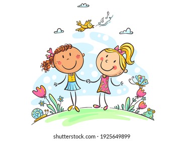 Friends Walking Outdoors, Cartoon Girls Vector Illustration