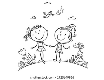 Friends walking outdoors, cartoon girls, black and white vector illustration