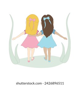 Friends are walking outside. Friendship. Icon. Sticker. Postcard. Cartoon characters. Cute illustration. Children. Girls. Blue and pink dress. Blond and brunette hair. Lifestyle.