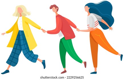 Friends walking together flat vector illustration. Friendship concept. Group of people spending time, meeting. Girls and guy at city street cartoon characters. Students, tourists going and talking