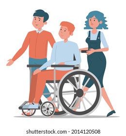 Friends walking together vector isolated. Young disabled guy in wheelchair spend time with his best friends. Impaired person, cheerful teenager.