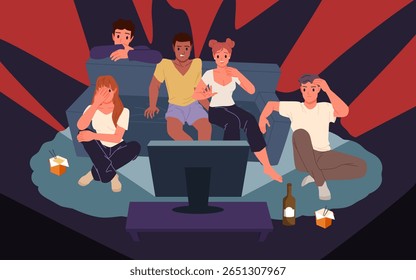 Amigos assistem filme de terror na TV juntos à noite. Grupo de jovens sentados no sofá e no chão com rostos temerosos, menina e menino comer fast food assistindo desenho animado suspense
