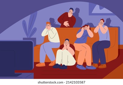 Friends watch horror. Watching film and scared together. Movie or tv show, man woman sitting on sofa at home. Teenagers or kicky young adults party vector scene