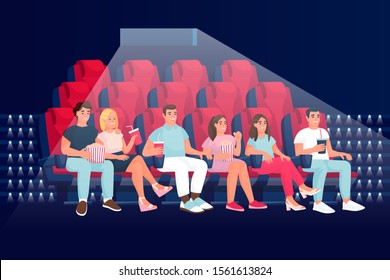 Friends watching comedy movie in cinema and eating popcorn. Flat cartoon vector illustration. People sitting in arm-chairs in theatre auditorium.