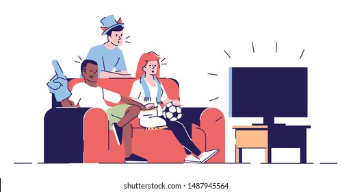 Friends watching game on TV flat vector illustration. Sport fans, team supporters wearing fans hat, scarf eating snacks isolated cartoon characters with outline elements on white background
