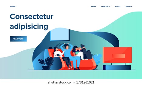 Friends watching horror movie. Group of young people sitting on sofa at TV, covering eyes. Vector illustration for leisure, friendship, Halloween concept
