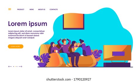 Friends watching horror movie. Group of young people sitting on sofa at TV, covering eyes. Vector illustration for leisure, friendship, Halloween concept