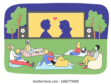 Friends watching movie in evening at outdoor cinema flat vector illustration. People sitting at backyard with popcorn in front of big screen. Entertainment and weekend concept