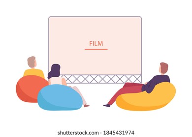 Friends Watching Movie Outdoors, Open Air Cinema, Family Picnic, Summer Vacation, Outdoor Leisure Flat Style Vector Illustration