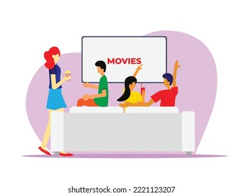 friends watching movie together and enjoy some snacks and popcorn covered by cheerful ambience. Friends watching films. Friendship concept. Flat vector illustration isolated on white