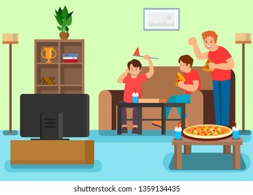 Friends Watching Television Vector Illustration. Siblings Flat Characters Sitting on Sofa, Eating Pizza. Football Play, Movie on TV. Brothers Spending Day Off Together at Home. Sports Fans, Supporters