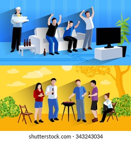 Friends watching tv  football match and barbecuing together 2 flat horizontal banners composition abstract isolated vector illustration