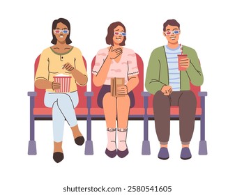 Friends wearing glasses for 3d films, isolated friends on evening outings having fun. Vector man and women eating popcorn and drinking soda, talking about movies. Film night on weekends