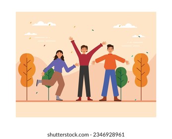With friends wearing long warm clothes in the park in autumn, raising their hands and cheering together the falling leaves. Character designs. Vector flat illustration