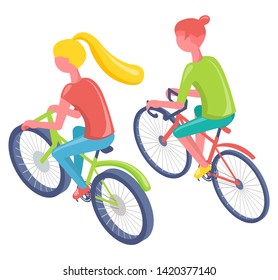 Friends wearing sportswear driving bicycle, back view of women sitting on eco transport, activity outdoor, cyclists leisure, riding bike, active vector