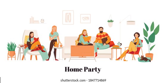 Friends wearing warm clothes have home party in cozy living room flat vector illustration