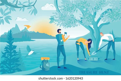 Friends at Weekend Found Buried Treasure Banner. Guy takes Pictures his Friends Digging out Jewel Chest under Large Tree, Cartoon. Sun Sets behind Mountains and Beautiful Birds Fly nearby.