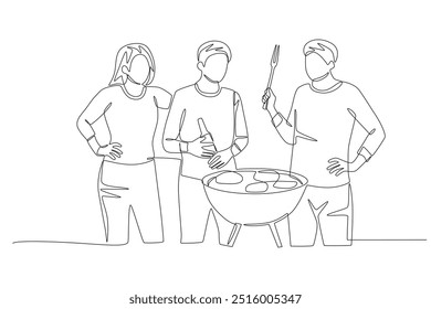 Amigos que estão queimando um churrasco. Barbequing com amigos ou família conceito desenho de uma linha