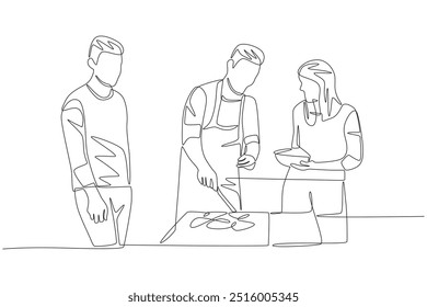 Friends who are going to a barbeque. Barbequing with friends or family concept one-line drawing