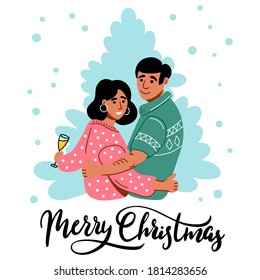 Friends wish each other Merry Christmas and Happy New Year! couple in love drinks champagne next to the christmas tree. beautiful christmas card