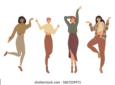Friends of the woman. Girlfriends dance together to music on a white background in cool and trendy outfits. Vector illustration