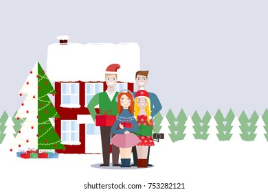 Friends of a woman and a man are standing near to a Christmas tree and house and taking a photo in the phone. Four people. People outdoor. Christmas party. New Year party. Vector illustration.