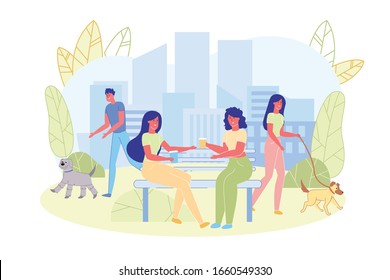 Friends Women Sitting on Bench in Park Having Conversation Flat Cartoon Vector Illustration. Girls Having Rest on Fresh Air. Man and Woman Walking with Dog Pets. Beautiful Summer Day.