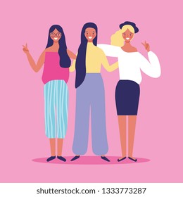 Friends women smiling cartoon over pink background vector digital image illustration