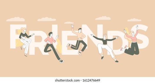 Friends word concept banner template. Togetherness and community concept, friendship day celebration poster design. Joyful young people, cheerful men and women jumping in air vector illustration