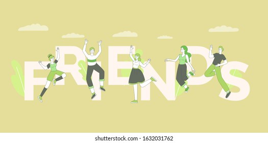 Friends word concept banner vector template. Friendly relationship, community concept, friendship day celebration poster design with typography. Joyful young adults, positive people jumping in air