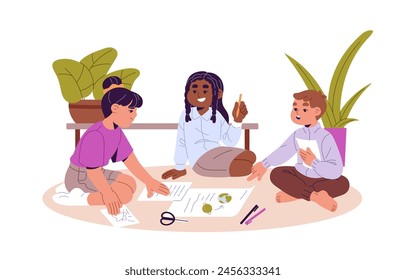 Friends work with school project together. Smart students study, do homework in team. Kids prepare to science lesson. Teamwork education, peer help with home exercises. Flat vector illustration