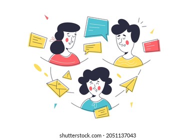 Amigos o equipo de trabajo que comunican la ilustración vectorial. La gente se divierte y habla de forma lineal. Comunicación, concepto de intercambio de opiniones