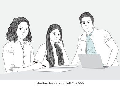 Friends working at home make it easier to communicate quickly.Doodle art concept,illustration painting